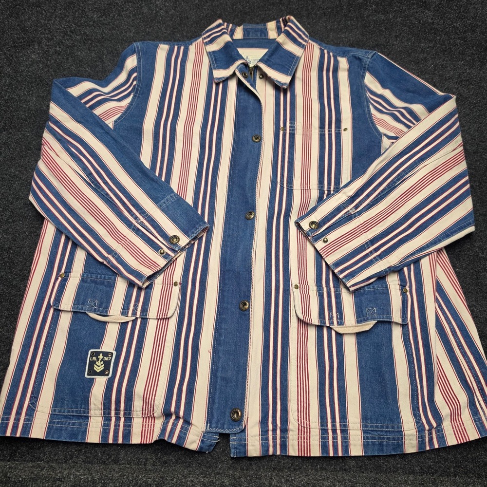 Lauren Ralph Lauren Striped Denim Chore Coat Jacket Nautical Blue Red 3X vintage